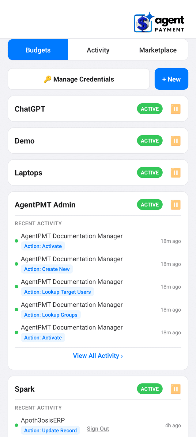 Mobile app budgets screen showing active budgets and recent agent activity