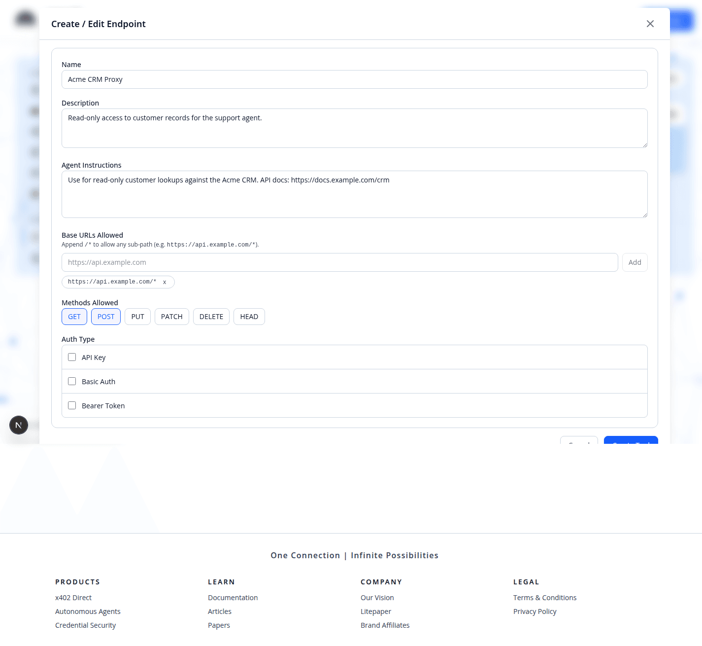 Endpoint builder step one showing Name, Description, Agent Instructions, a wildcard Base URL pill, and GET and POST method allowlist selections.