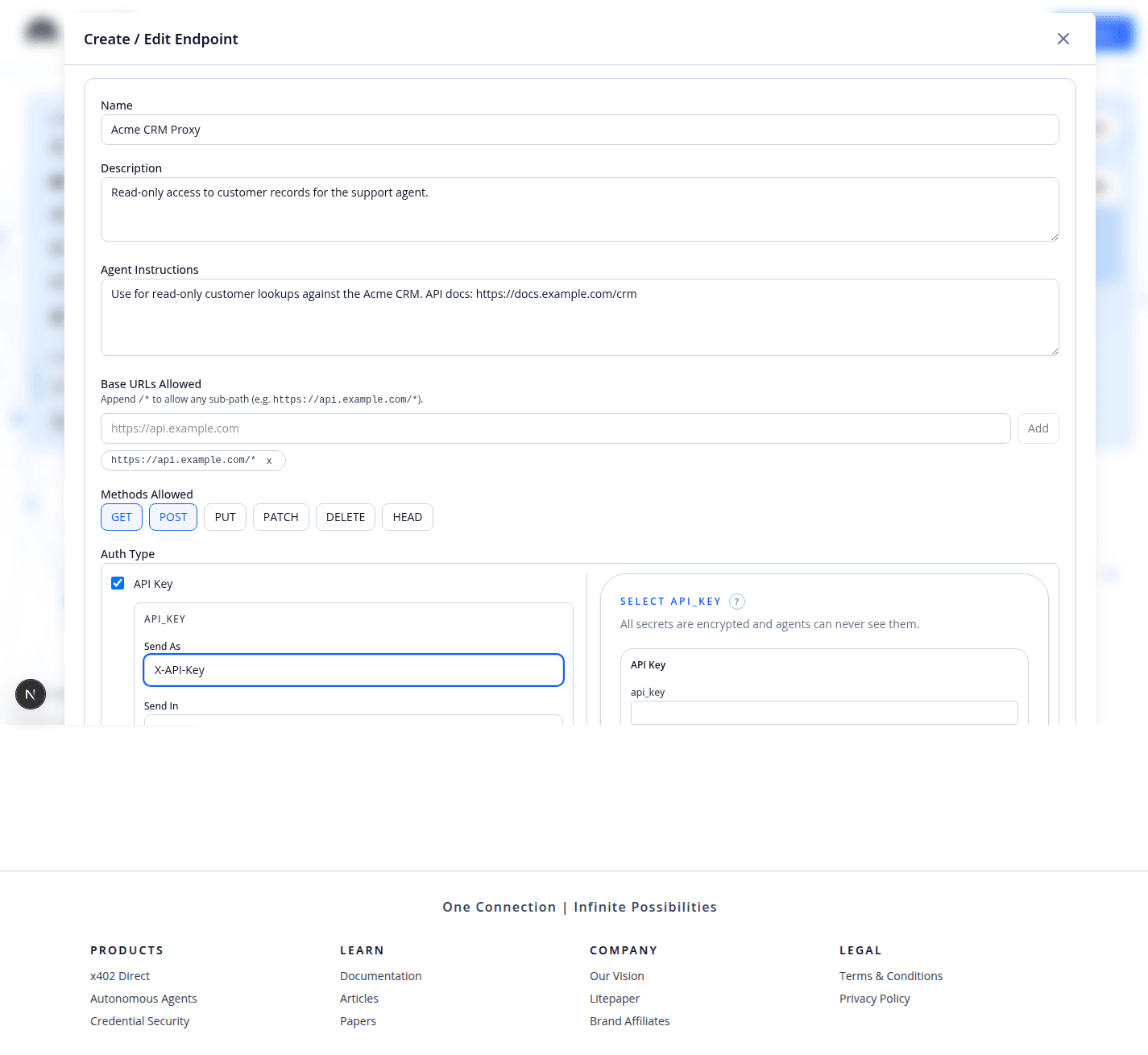 Endpoint builder step two showing API Key auth type selected with Send As set to X-API-Key and a credential picker panel on the right.
