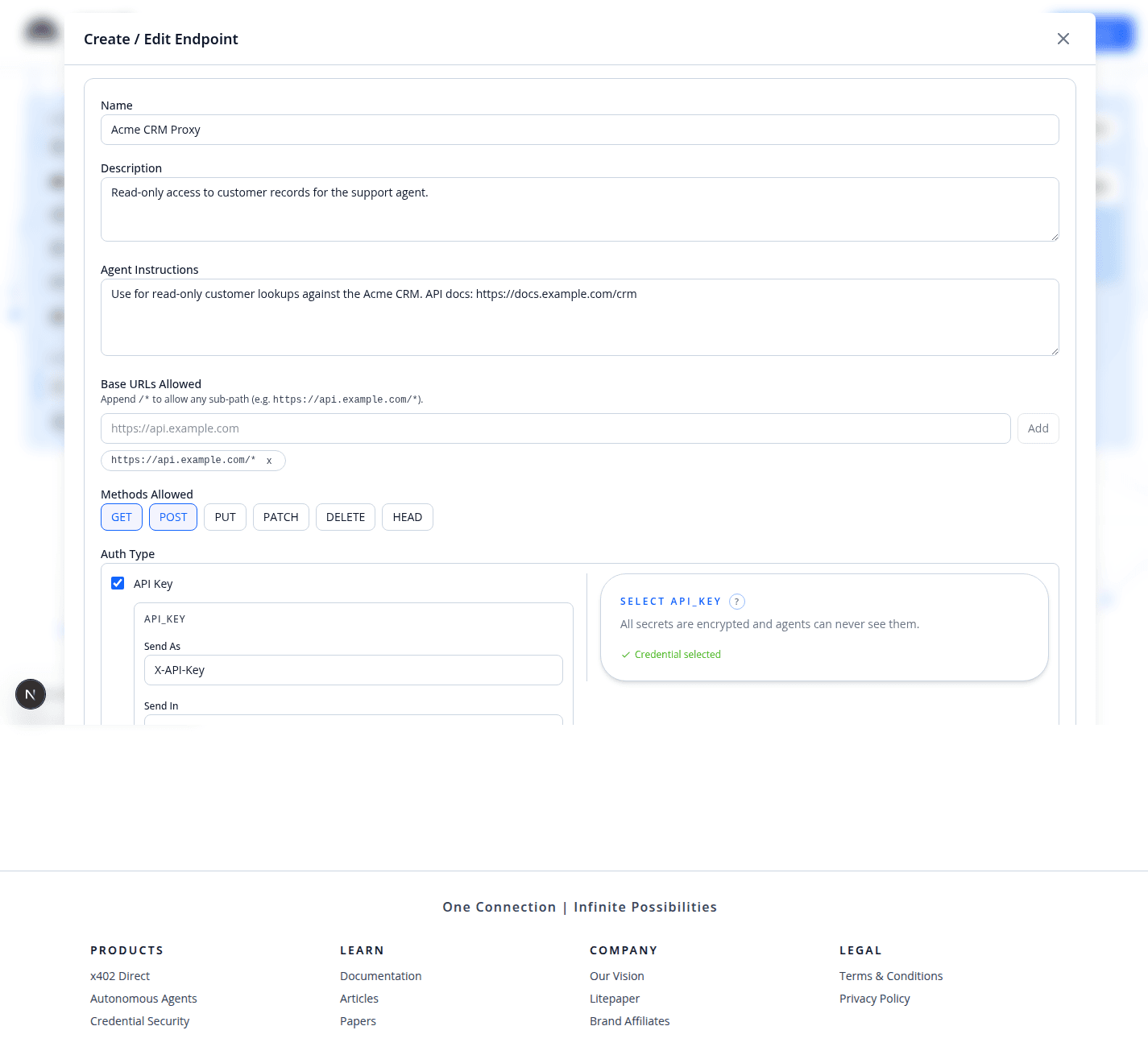 Endpoint builder step three showing the API Key credential panel with a Credential selected confirmation.