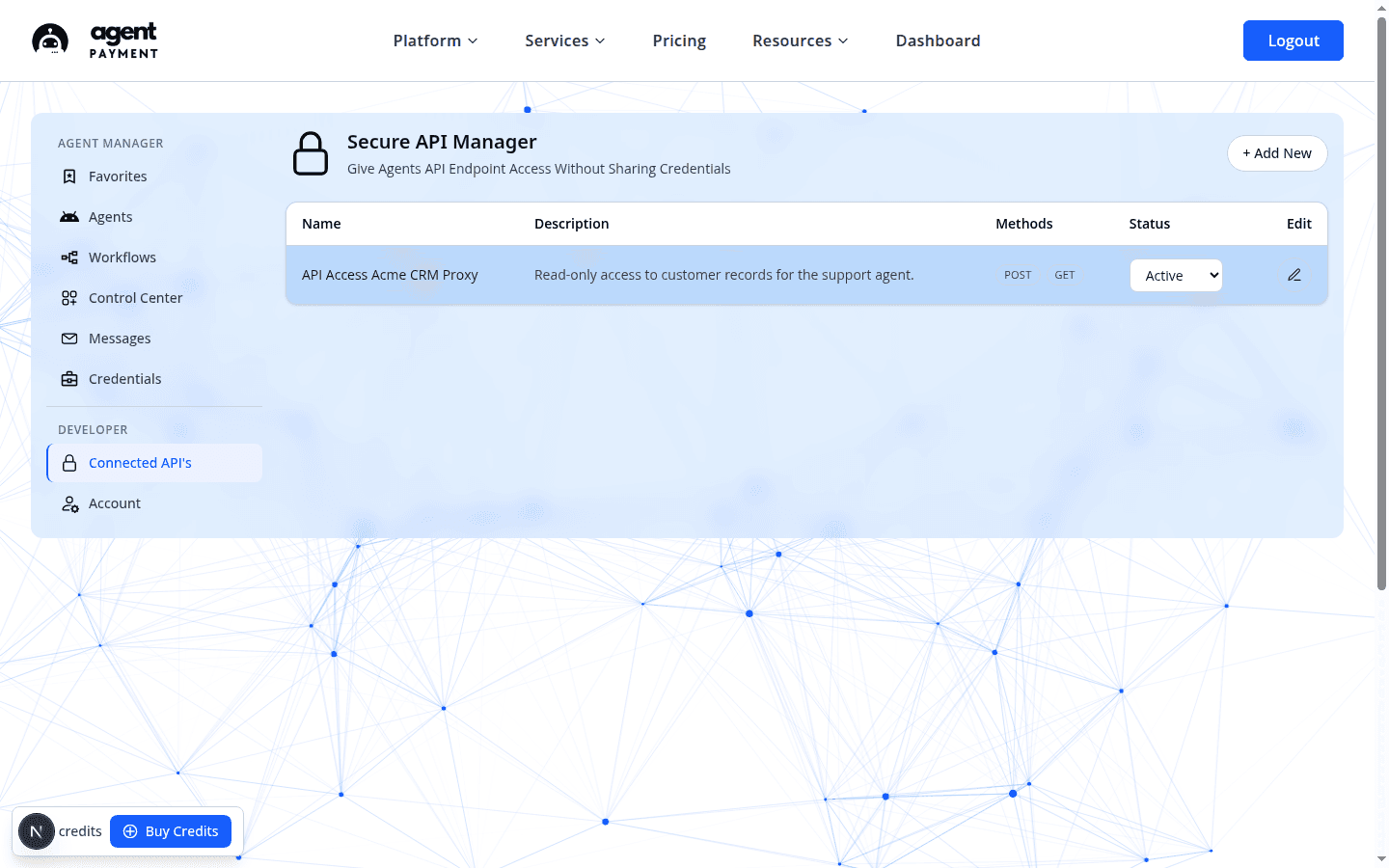Connected APIs dashboard listing an Acme CRM proxy endpoint with allowed methods and active status.