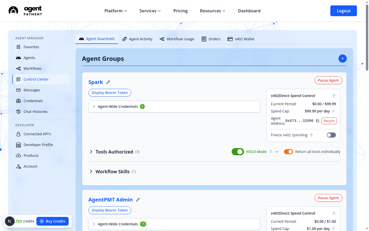 Control Center Agent Guardrails showing per-agent pause, spend caps, tool allowlists, and agent-wide credential counts.